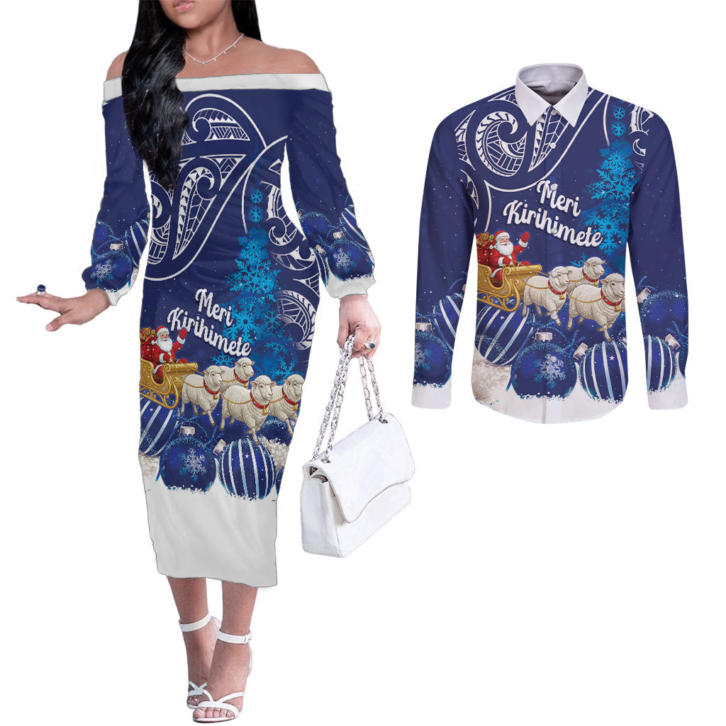 New Zealand Christmas In July Personalised Couples Matching Off The Shoulder Long Sleeve Dress and Long Sleeve Button Shirt Funny Santa Sheep Meri Kirihimete Blue LT14 Blue - Polynesian Pride