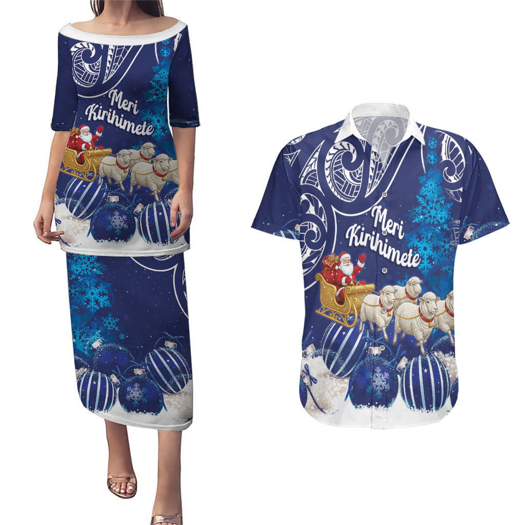 New Zealand Christmas In July Personalised Couples Matching Puletasi and Hawaiian Shirt Funny Santa Sheep Meri Kirihimete Blue LT14 Blue - Polynesian Pride