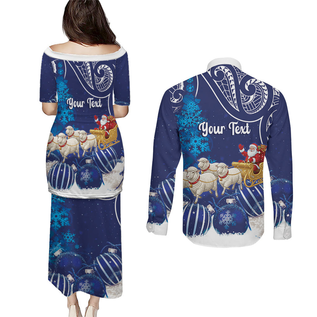 New Zealand Christmas In July Personalised Couples Matching Puletasi and Long Sleeve Button Shirt Funny Santa Sheep Meri Kirihimete Blue LT14 - Polynesian Pride