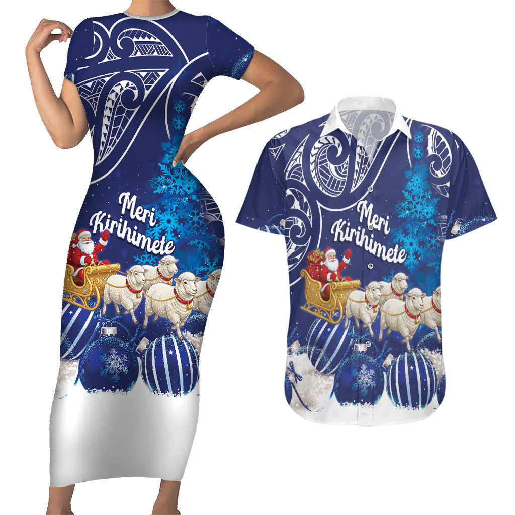 New Zealand Christmas In July Personalised Couples Matching Short Sleeve Bodycon Dress and Hawaiian Shirt Funny Santa Sheep Meri Kirihimete Blue LT14 Blue - Polynesian Pride