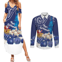 New Zealand Christmas In July Personalised Couples Matching Summer Maxi Dress and Long Sleeve Button Shirt Funny Santa Sheep Meri Kirihimete Blue LT14 Blue - Polynesian Pride