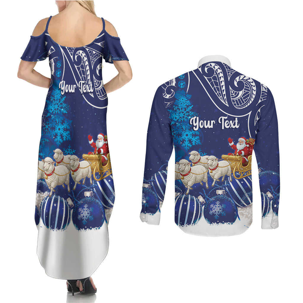 New Zealand Christmas In July Personalised Couples Matching Summer Maxi Dress and Long Sleeve Button Shirt Funny Santa Sheep Meri Kirihimete Blue LT14 - Polynesian Pride