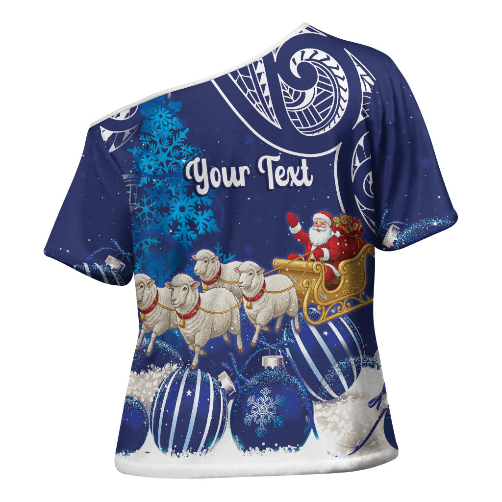New Zealand Christmas In July Personalised Cross Shoulder Shirt Funny Santa Sheep Meri Kirihimete Blue LT14 - Polynesian Pride