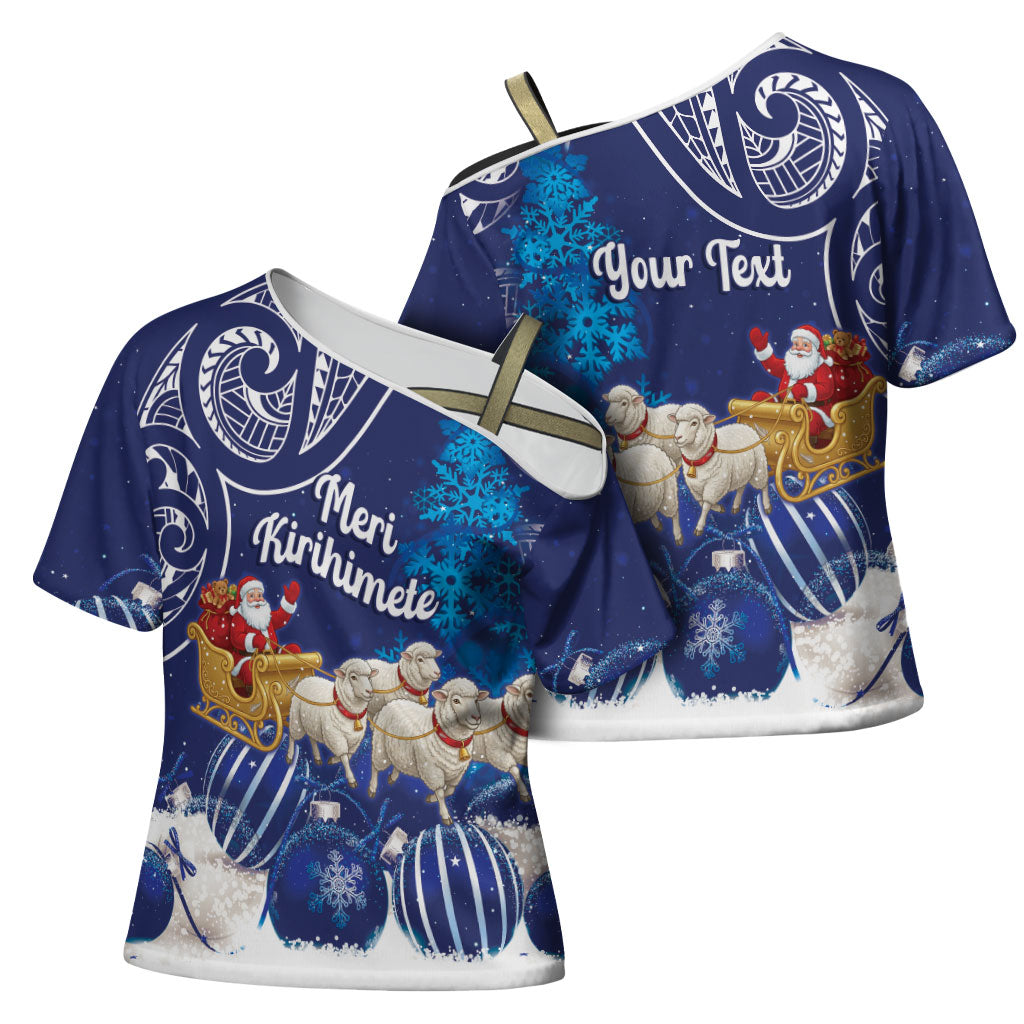 New Zealand Christmas In July Personalised Cross Shoulder Shirt Funny Santa Sheep Meri Kirihimete Blue LT14 - Polynesian Pride