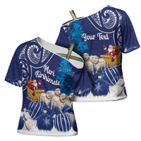 New Zealand Christmas In July Personalised Cross Shoulder Shirt Funny Santa Sheep Meri Kirihimete Blue LT14 - Polynesian Pride