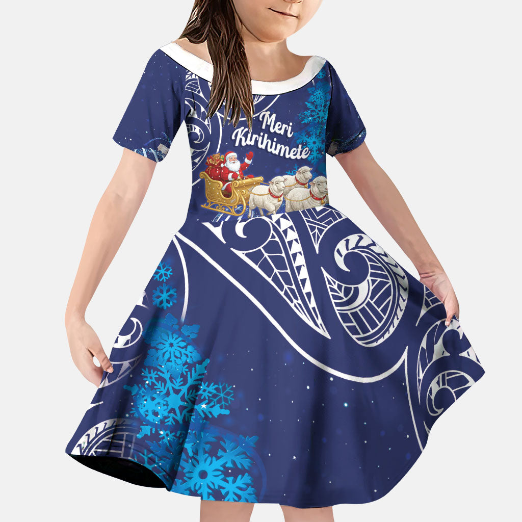 New Zealand Christmas In July Personalised Family Matching Mermaid Dress and Hawaiian Shirt Funny Santa Sheep Meri Kirihimete Blue LT14 Daughter's Dress Blue - Polynesian Pride