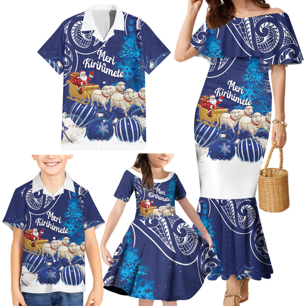 New Zealand Christmas In July Personalised Family Matching Mermaid Dress and Hawaiian Shirt Funny Santa Sheep Meri Kirihimete Blue LT14 - Polynesian Pride