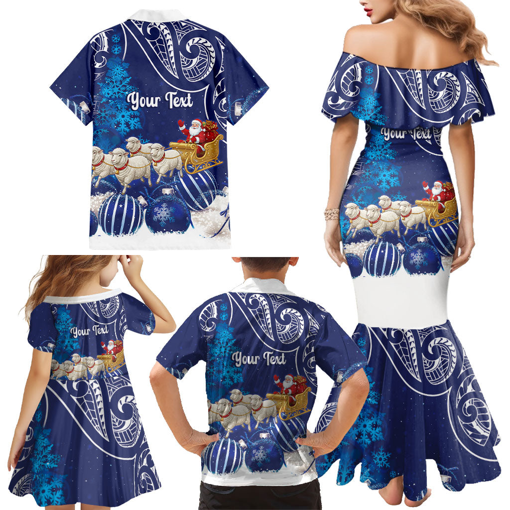 New Zealand Christmas In July Personalised Family Matching Mermaid Dress and Hawaiian Shirt Funny Santa Sheep Meri Kirihimete Blue LT14 - Polynesian Pride