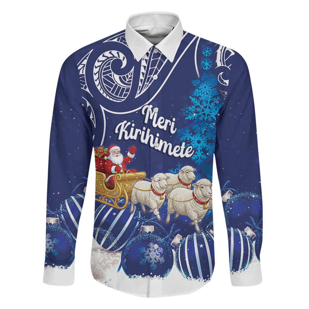 New Zealand Christmas In July Personalised Family Matching Mermaid Dress and Hawaiian Shirt Funny Santa Sheep Meri Kirihimete Blue LT14 Dad's Shirt - Long Sleeve Blue - Polynesian Pride