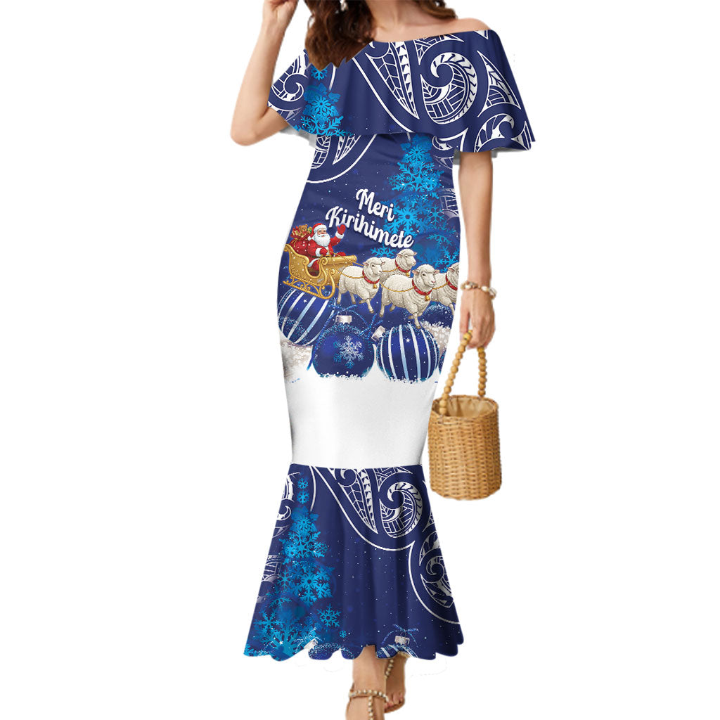 New Zealand Christmas In July Personalised Family Matching Mermaid Dress and Hawaiian Shirt Funny Santa Sheep Meri Kirihimete Blue LT14 Mom's Dress Blue - Polynesian Pride