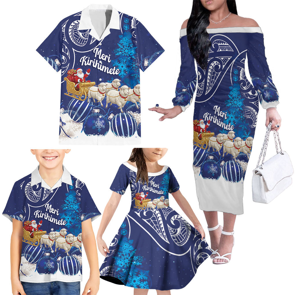 New Zealand Christmas In July Personalised Family Matching Off The Shoulder Long Sleeve Dress and Hawaiian Shirt Funny Santa Sheep Meri Kirihimete Blue LT14 - Polynesian Pride