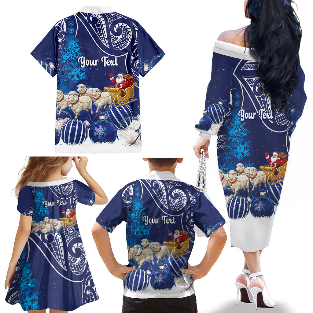 New Zealand Christmas In July Personalised Family Matching Off The Shoulder Long Sleeve Dress and Hawaiian Shirt Funny Santa Sheep Meri Kirihimete Blue LT14 - Polynesian Pride