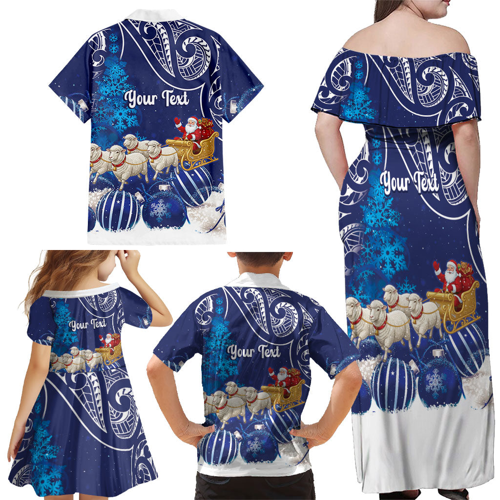 New Zealand Christmas In July Personalised Family Matching Off Shoulder Maxi Dress and Hawaiian Shirt Funny Santa Sheep Meri Kirihimete Blue LT14 - Polynesian Pride