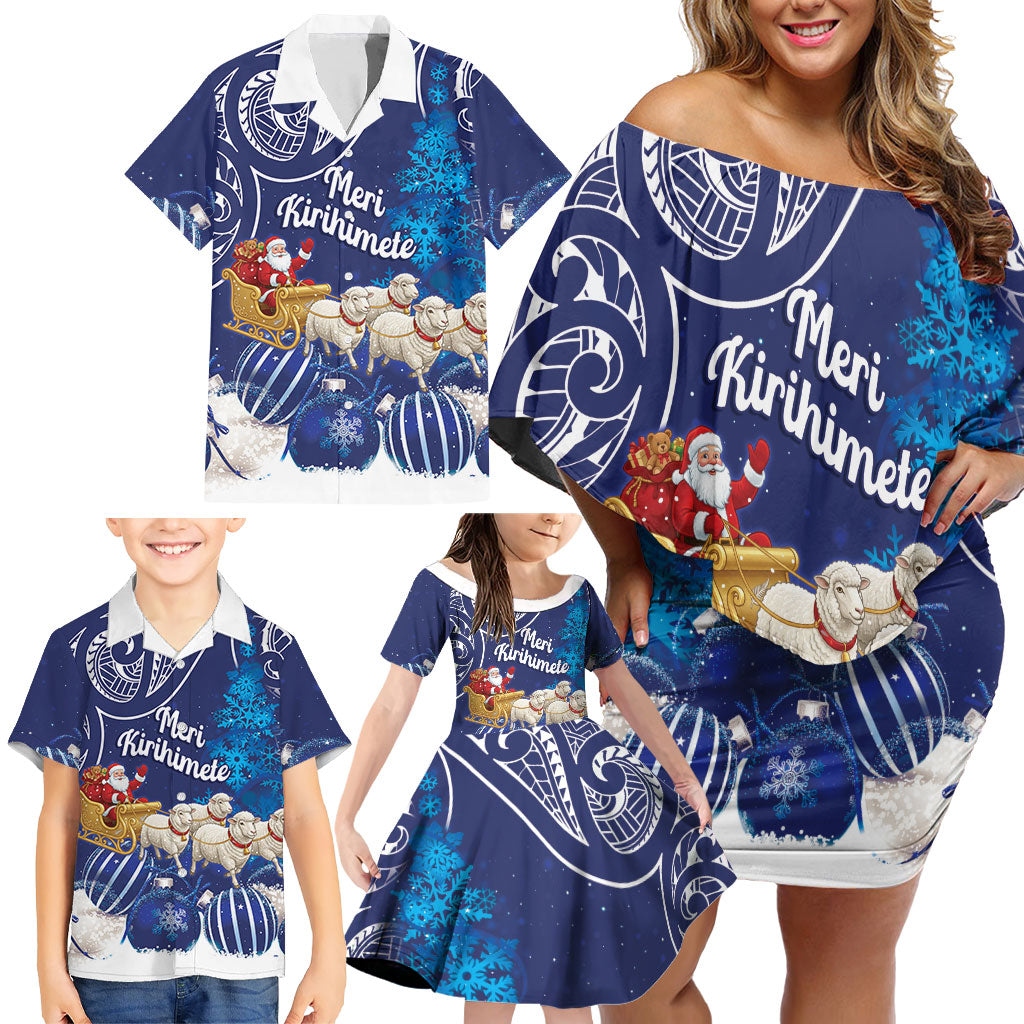 New Zealand Christmas In July Personalised Family Matching Off Shoulder Short Dress and Hawaiian Shirt Funny Santa Sheep Meri Kirihimete Blue LT14 - Polynesian Pride