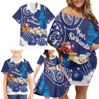 New Zealand Christmas In July Personalised Family Matching Off Shoulder Short Dress and Hawaiian Shirt Funny Santa Sheep Meri Kirihimete Blue LT14 - Polynesian Pride