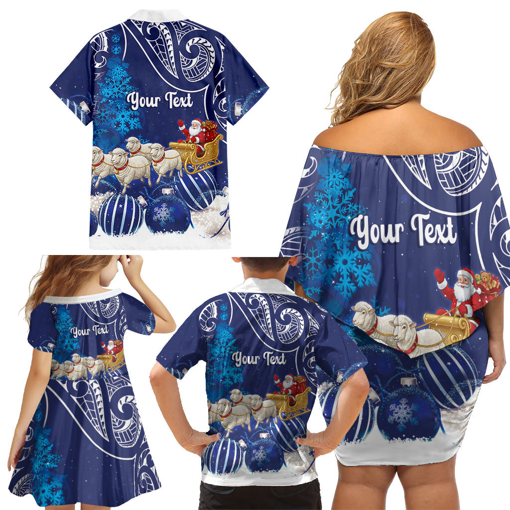 New Zealand Christmas In July Personalised Family Matching Off Shoulder Short Dress and Hawaiian Shirt Funny Santa Sheep Meri Kirihimete Blue LT14 - Polynesian Pride