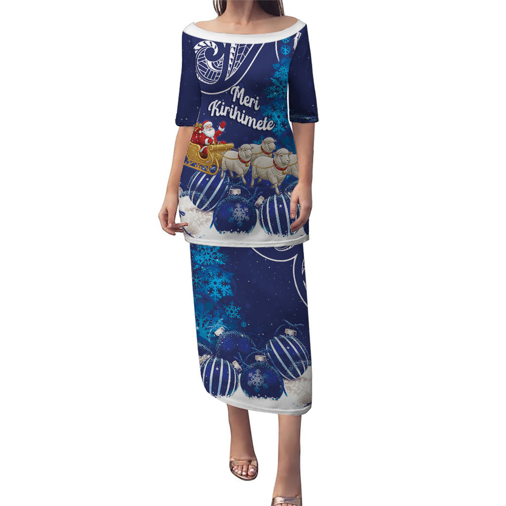 New Zealand Christmas In July Personalised Family Matching Puletasi and Hawaiian Shirt Funny Santa Sheep Meri Kirihimete Blue LT14 Mom's Dress Blue - Polynesian Pride