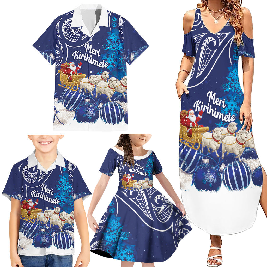 New Zealand Christmas In July Personalised Family Matching Summer Maxi Dress and Hawaiian Shirt Funny Santa Sheep Meri Kirihimete Blue LT14 - Polynesian Pride