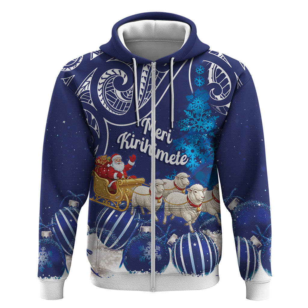 New Zealand Christmas In July Personalised Hoodie Funny Santa Sheep Meri Kirihimete Blue LT14 Zip Hoodie Blue - Polynesian Pride