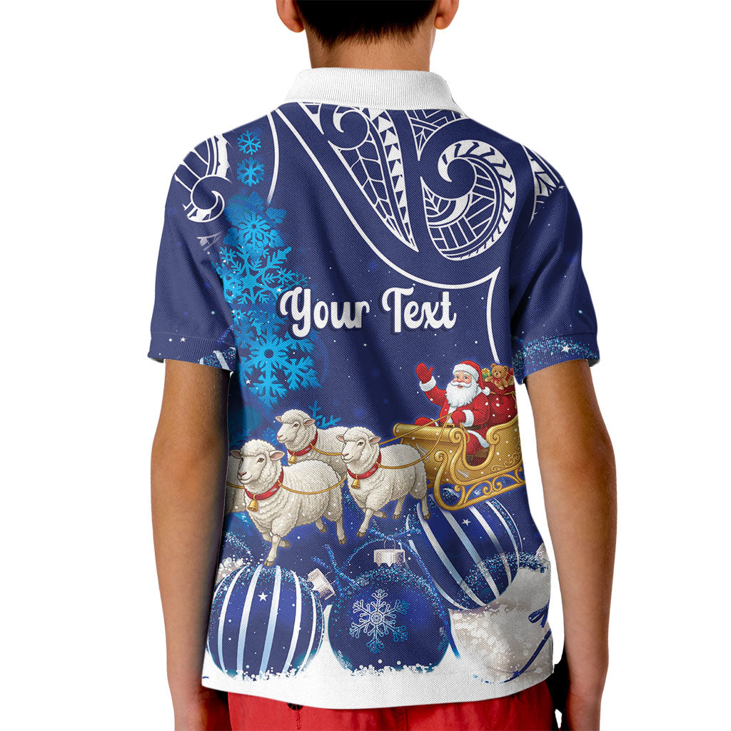 New Zealand Christmas In July Personalised Kid Polo Shirt Funny Santa Sheep Meri Kirihimete Blue LT14 - Polynesian Pride