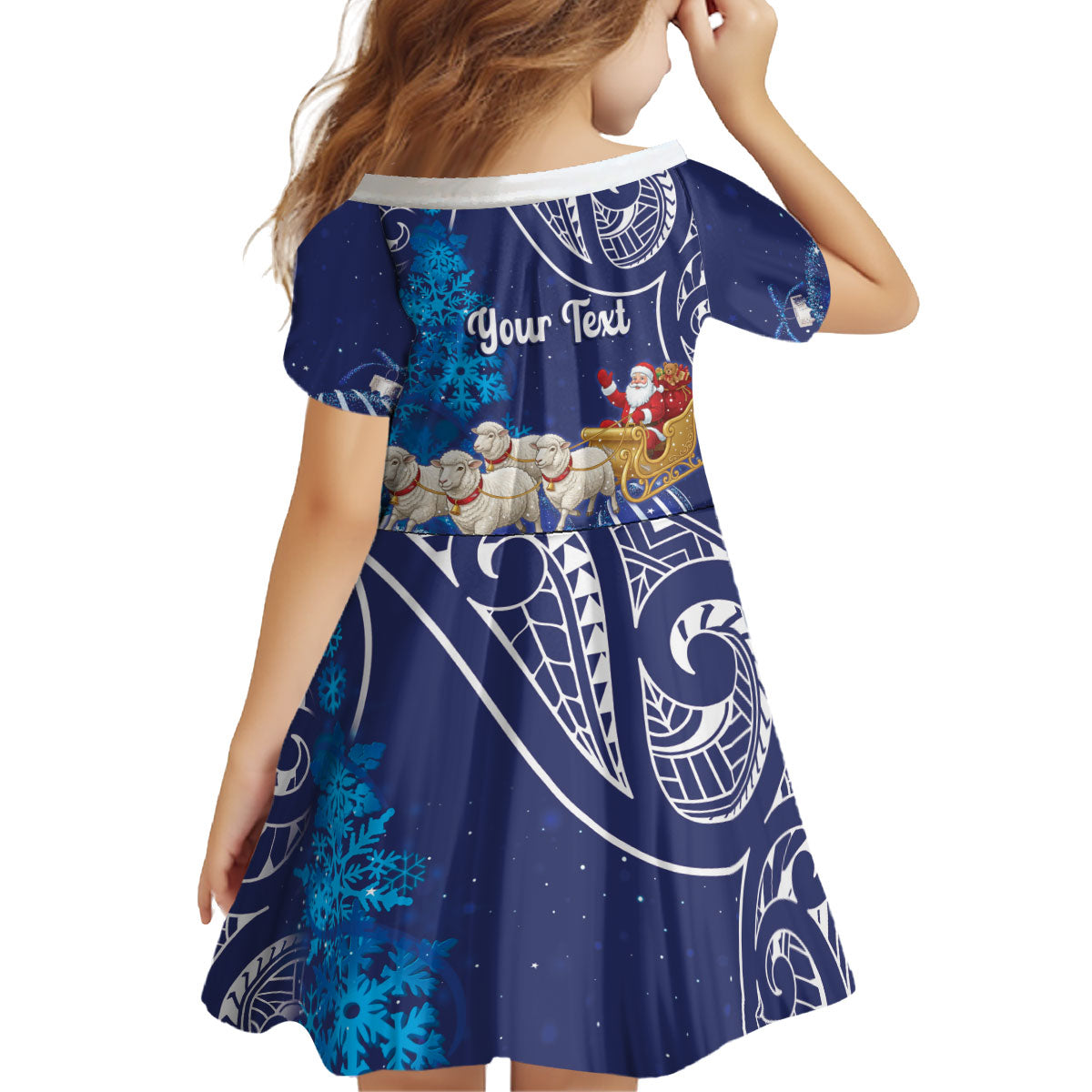 New Zealand Christmas In July Personalised Kid Short Sleeve Dress Funny Santa Sheep Meri Kirihimete Blue LT14 - Polynesian Pride