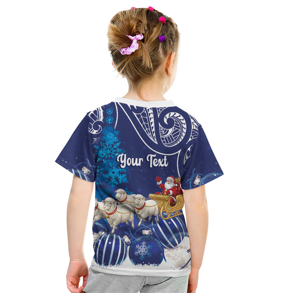 New Zealand Christmas In July Personalised Kid T Shirt Funny Santa Sheep Meri Kirihimete Blue LT14 - Polynesian Pride