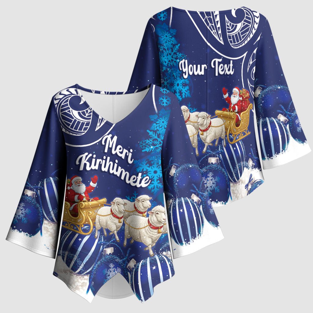 New Zealand Christmas In July Personalised Kimono Sleeve Blouse Funny Santa Sheep Meri Kirihimete Blue LT14 - Polynesian Pride