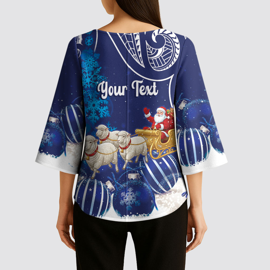 New Zealand Christmas In July Personalised Kimono Sleeve Blouse Funny Santa Sheep Meri Kirihimete Blue LT14 - Polynesian Pride