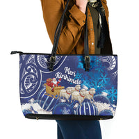 New Zealand Christmas In July Leather Tote Bag Funny Santa Sheep Meri Kirihimete Blue LT14 - Polynesian Pride