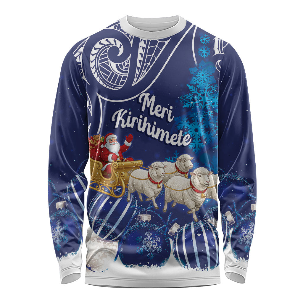 New Zealand Christmas In July Personalised Long Sleeve Shirt Funny Santa Sheep Meri Kirihimete Blue LT14 Unisex Blue - Polynesian Pride