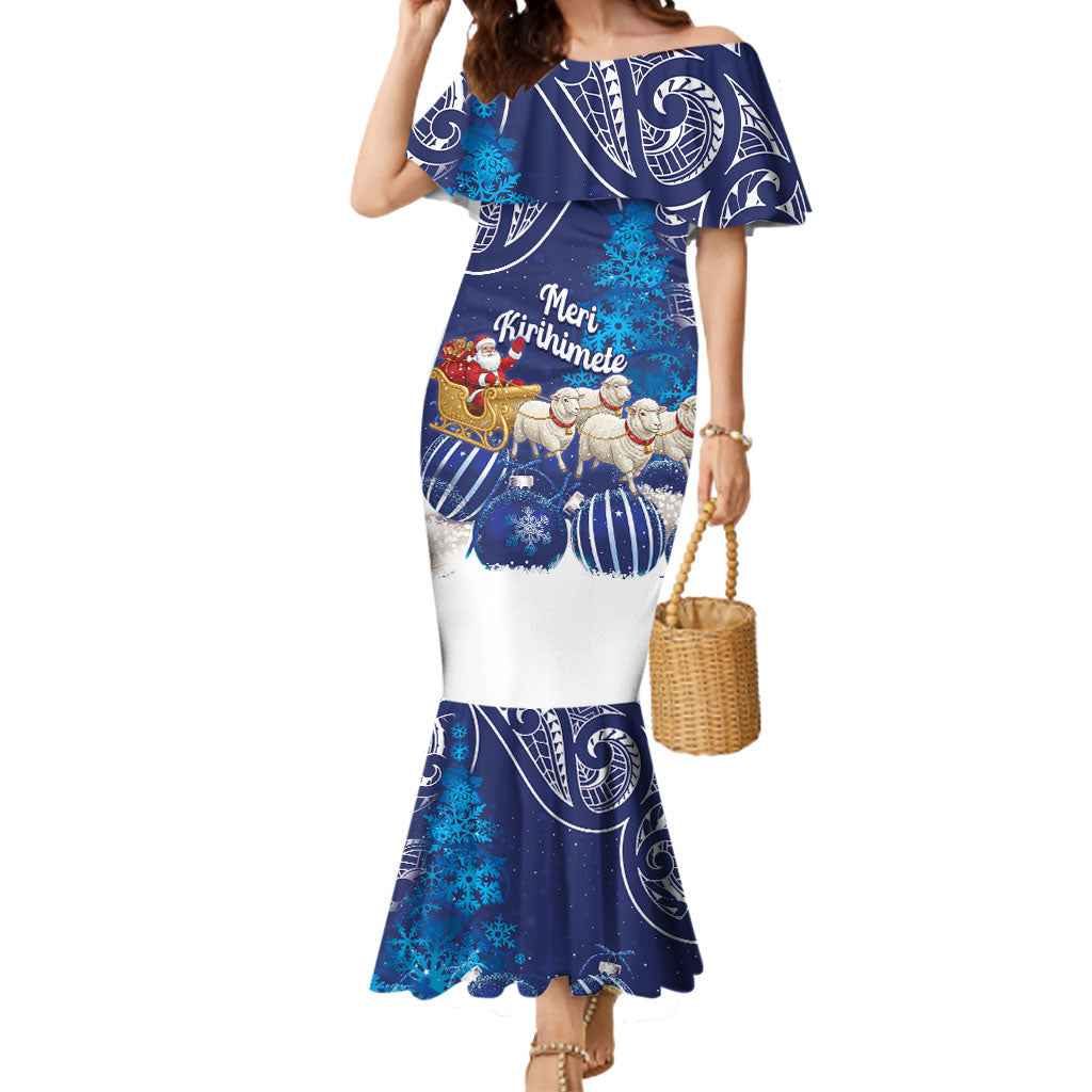 New Zealand Christmas In July Personalised Mermaid Dress Funny Santa Sheep Meri Kirihimete Blue LT14 Women Blue - Polynesian Pride