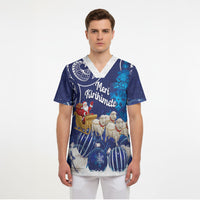 New Zealand Christmas In July Personalised Scrub Top Funny Santa Sheep Meri Kirihimete Blue