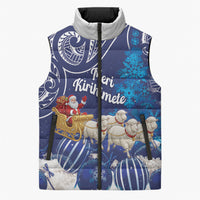 New Zealand Christmas In July Personalised Sleeveless Puffer Jacket Funny Santa Sheep Meri Kirihimete Blue