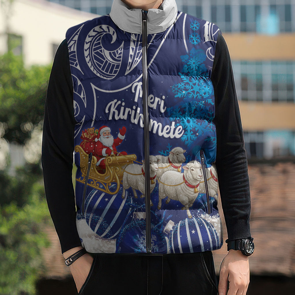 New Zealand Christmas In July Personalised Sleeveless Puffer Jacket Funny Santa Sheep Meri Kirihimete Blue