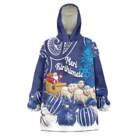 New Zealand Christmas In July Personalised Wearable Blanket Hoodie Funny Santa Sheep Meri Kirihimete Blue LT14 One Size Blue - Polynesian Pride
