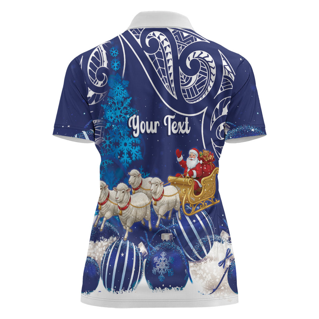 New Zealand Christmas In July Personalised Women Polo Shirt Funny Santa Sheep Meri Kirihimete Blue LT14 - Polynesian Pride