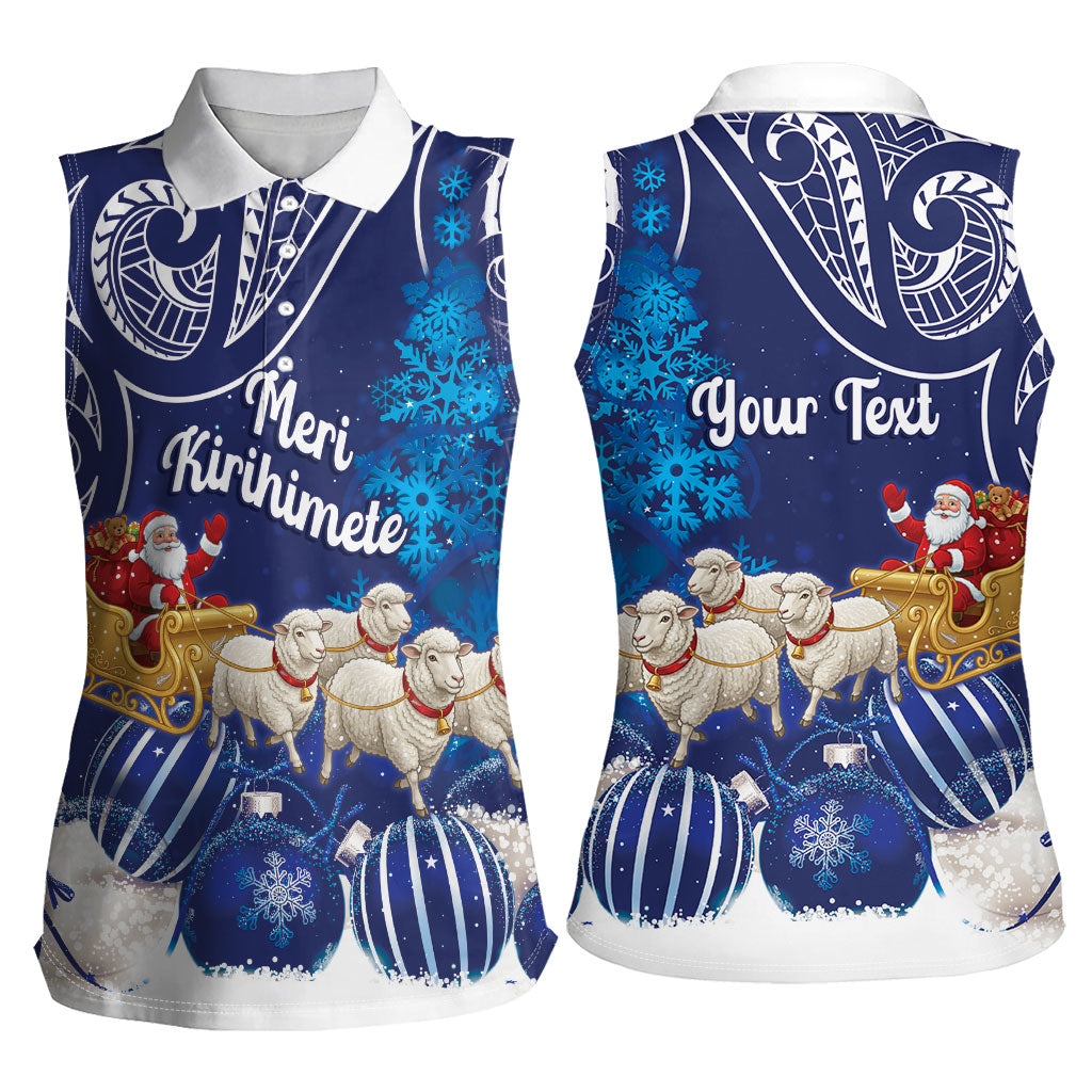 New Zealand Christmas In July Personalised Women Sleeveless Polo Shirt Funny Santa Sheep Meri Kirihimete Blue LT14 - Polynesian Pride