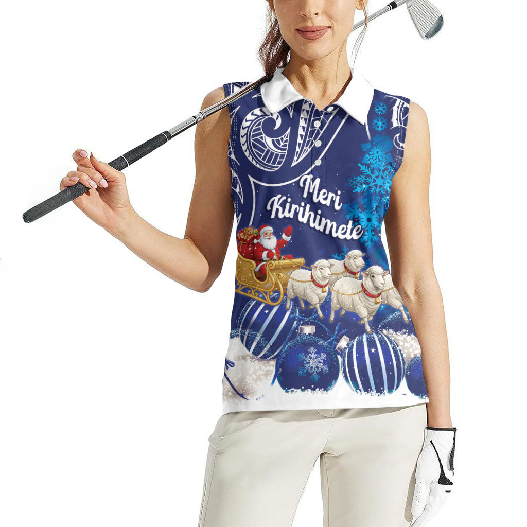 New Zealand Christmas In July Personalised Women Sleeveless Polo Shirt Funny Santa Sheep Meri Kirihimete Blue LT14 - Polynesian Pride