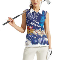 New Zealand Christmas In July Personalised Women Sleeveless Polo Shirt Funny Santa Sheep Meri Kirihimete Blue LT14 - Polynesian Pride