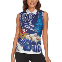 New Zealand Christmas In July Personalised Women Sleeveless Polo Shirt Funny Santa Sheep Meri Kirihimete Blue LT14 - Polynesian Pride