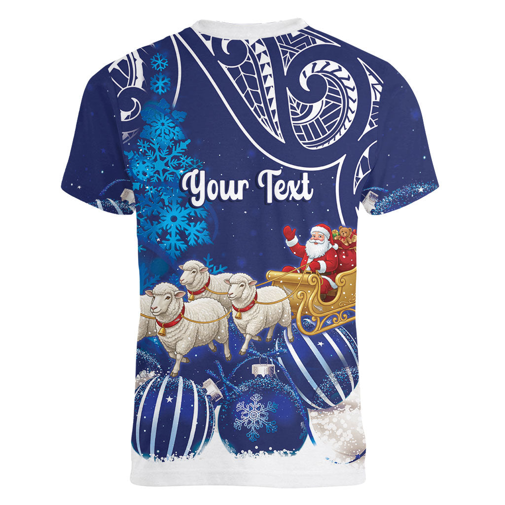 New Zealand Christmas In July Personalised Women V-Neck T-Shirt Funny Santa Sheep Meri Kirihimete Blue LT14 - Polynesian Pride