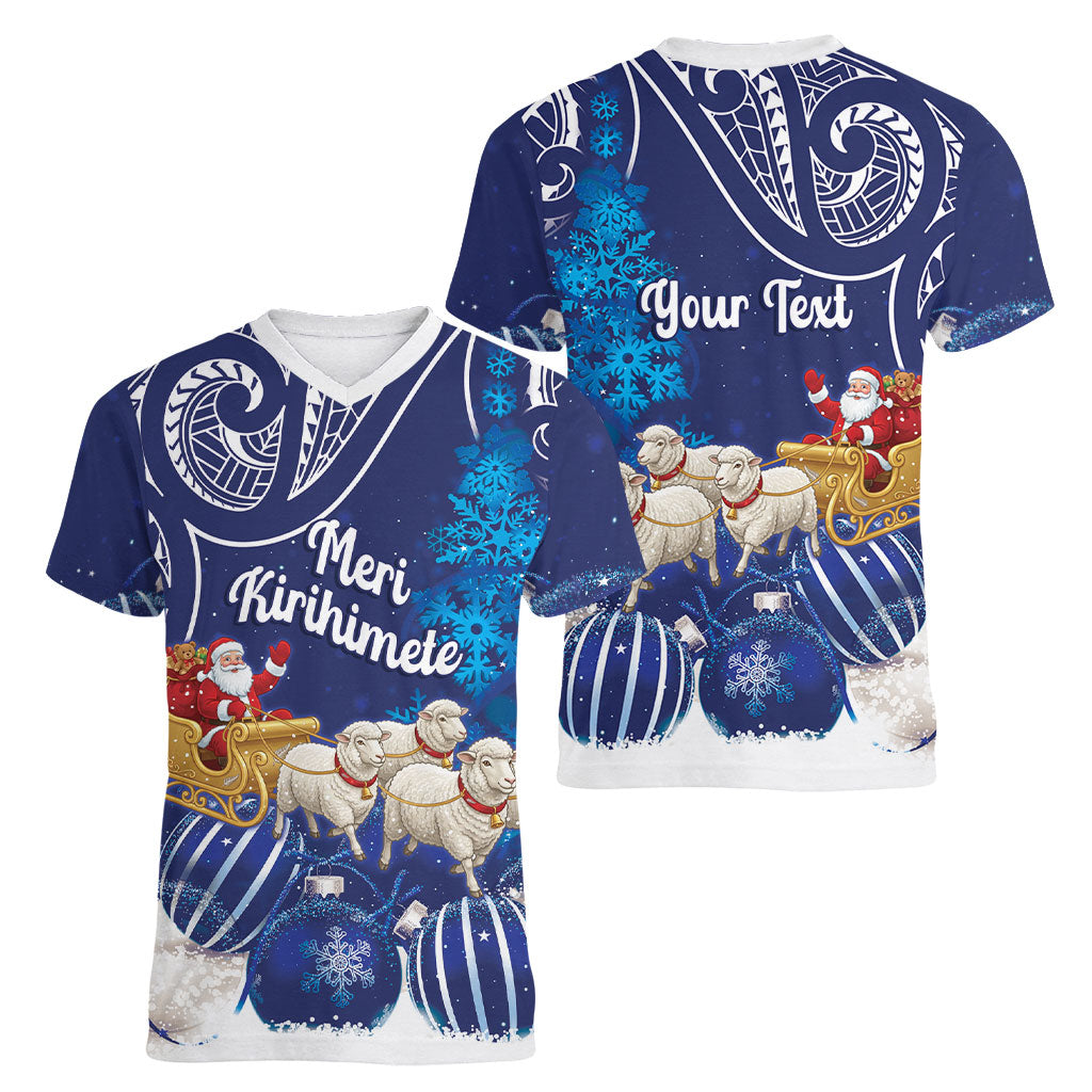 New Zealand Christmas In July Personalised Women V-Neck T-Shirt Funny Santa Sheep Meri Kirihimete Blue LT14 - Polynesian Pride