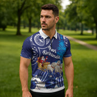 New Zealand Christmas In July Personalised Zipper Polo Shirt Funny Santa Sheep Meri Kirihimete Blue LT14 - Polynesian Pride