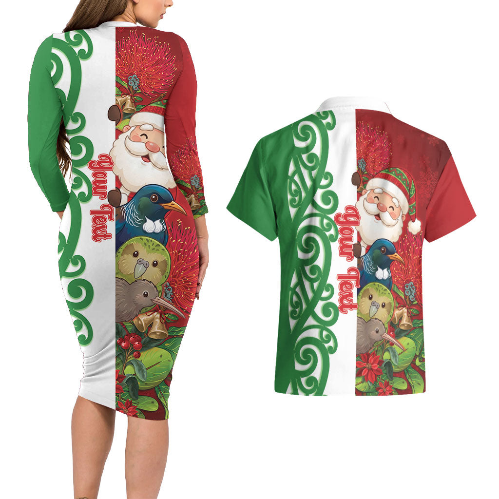 Meri Kirihimete New Zealand Personalised Couples Matching Long Sleeve Bodycon Dress and Hawaiian Shirt Cute Santa NZ Animals and Pohutukawa LT14 - Polynesian Pride