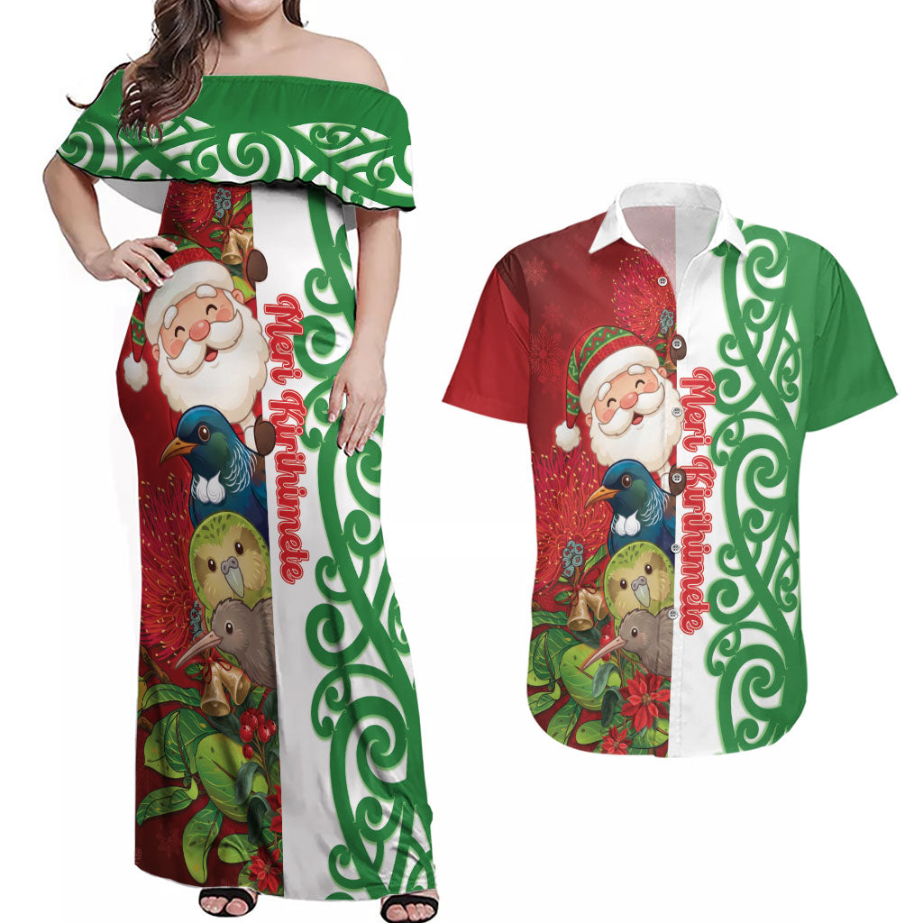 Meri Kirihimete New Zealand Personalised Couples Matching Off Shoulder Maxi Dress and Hawaiian Shirt Cute Santa NZ Animals and Pohutukawa LT14 Red - Polynesian Pride