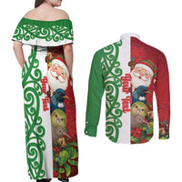 Meri Kirihimete New Zealand Personalised Couples Matching Off Shoulder Maxi Dress and Long Sleeve Button Shirt Cute Santa NZ Animals and Pohutukawa LT14 - Polynesian Pride