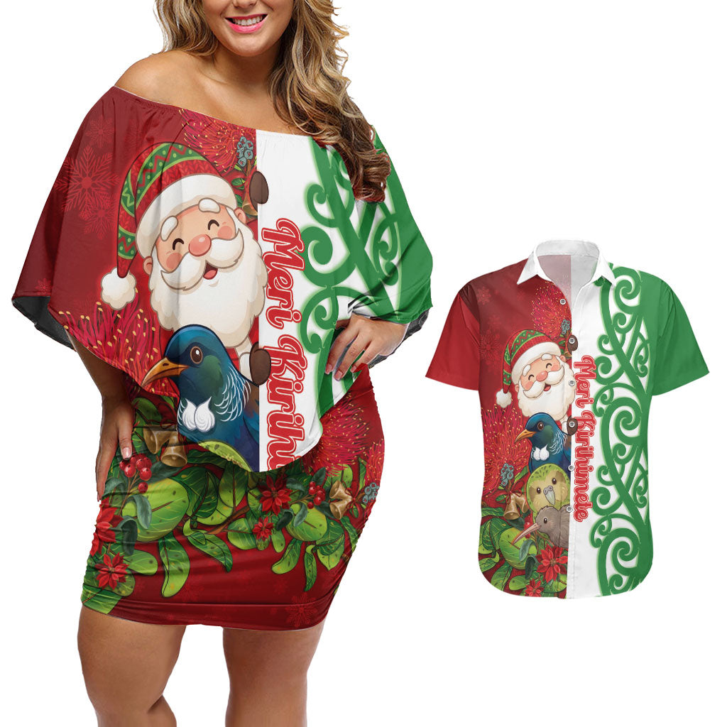 Meri Kirihimete New Zealand Personalised Couples Matching Off Shoulder Short Dress and Hawaiian Shirt Cute Santa NZ Animals and Pohutukawa LT14 Red - Polynesian Pride