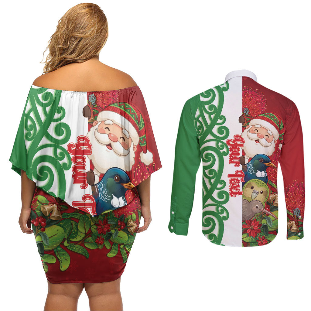 Meri Kirihimete New Zealand Personalised Couples Matching Off Shoulder Short Dress and Long Sleeve Button Shirt Cute Santa NZ Animals and Pohutukawa LT14 - Polynesian Pride