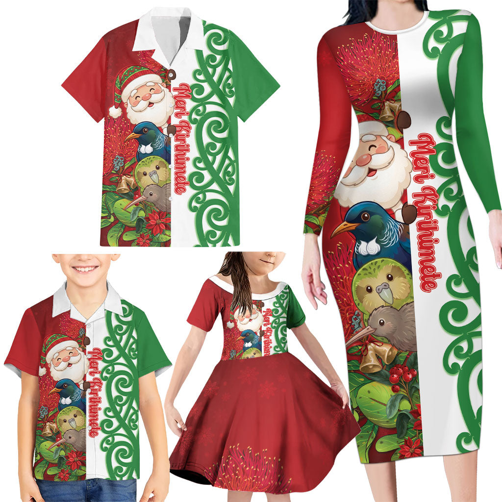 Meri Kirihimete New Zealand Personalised Family Matching Long Sleeve Bodycon Dress and Hawaiian Shirt Cute Santa NZ Animals and Pohutukawa LT14 - Polynesian Pride