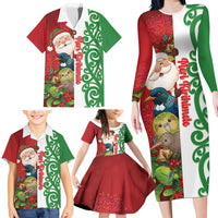 Meri Kirihimete New Zealand Personalised Family Matching Long Sleeve Bodycon Dress and Hawaiian Shirt Cute Santa NZ Animals and Pohutukawa LT14 - Polynesian Pride